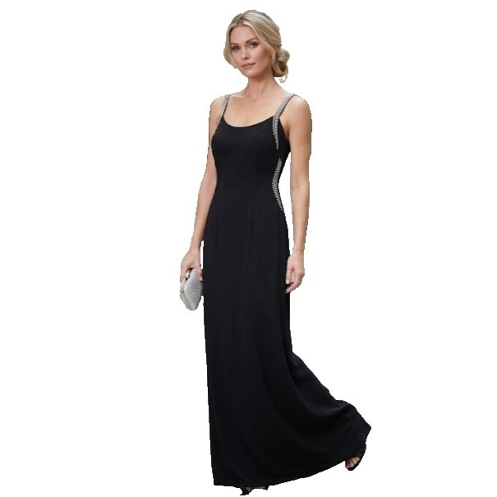 Vintage Prom Evening Dress Size 8 Black Rhinestone Diamond Embellished Gown Long